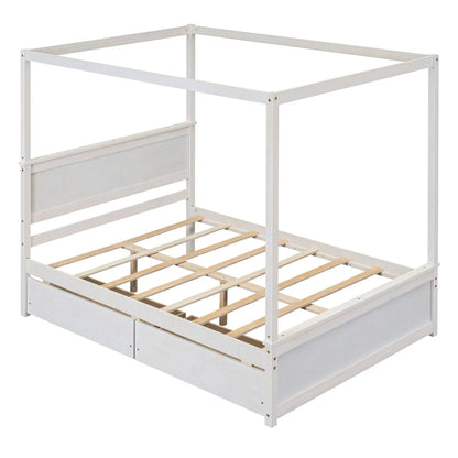 Canopy bed frame with drawers in whitewashed wood, slat support on Tampa Home & Garden Store