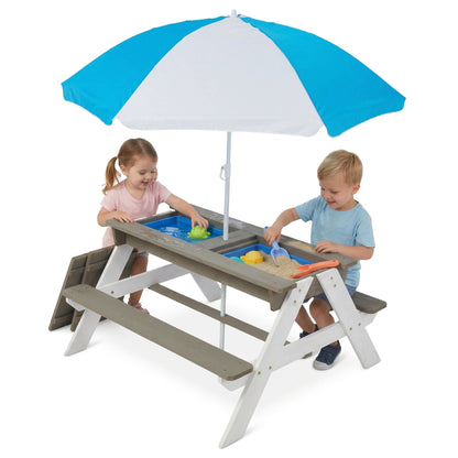 Kids cedar outdoor picnic table with sand and water play surface and blue and white canopy on Tampa Home & Garden Store