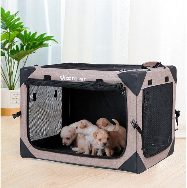 One Piece Collapsible Cloth Kennel Tent beige with black mesh; DO DO PET; three puppies inside on Tampa Home & Garden Store