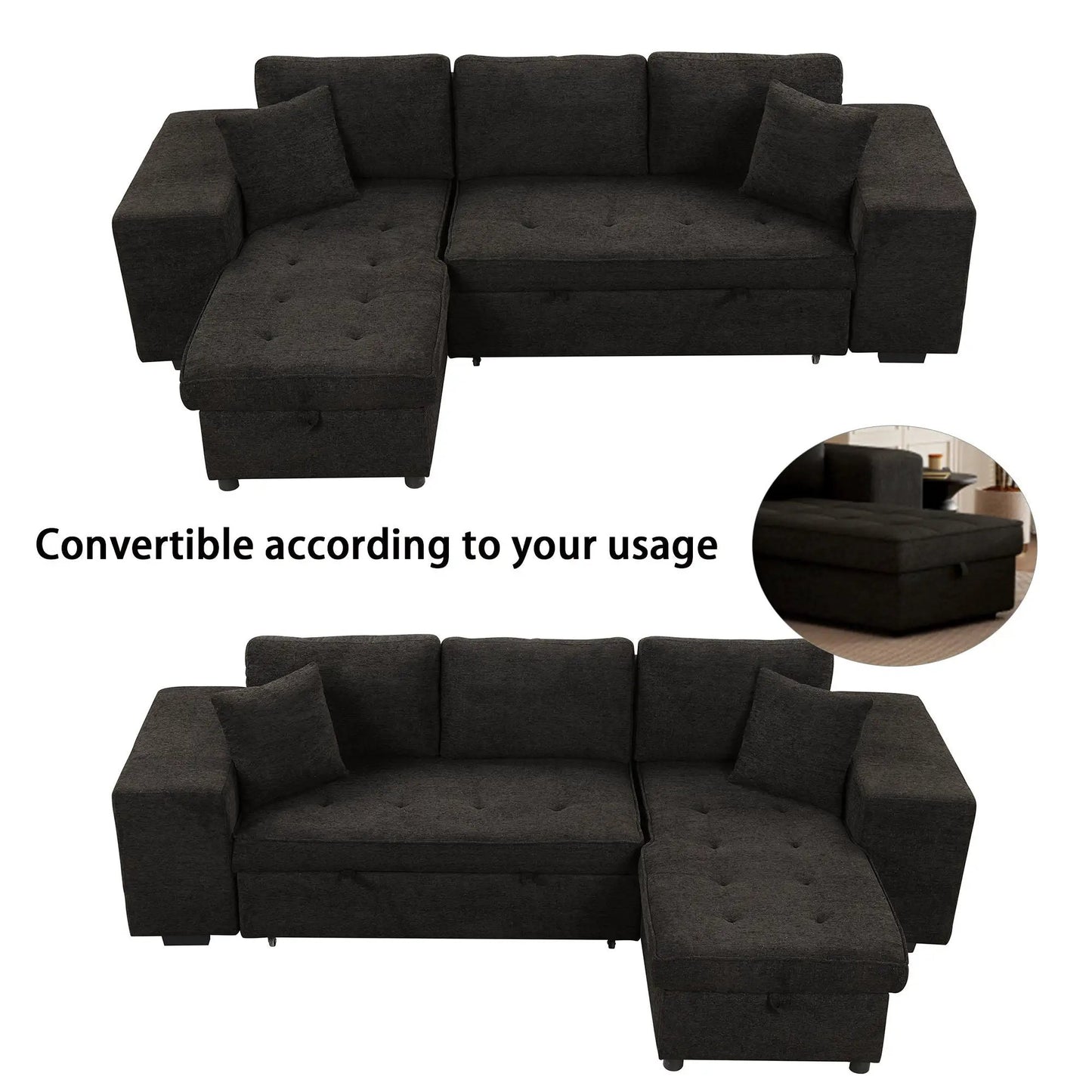 Modern L-Shape 3-Seat Sectional with Chaise and 2 Stools in charcoal by Unique Piece Furniture on Tampa Home & Garden Store