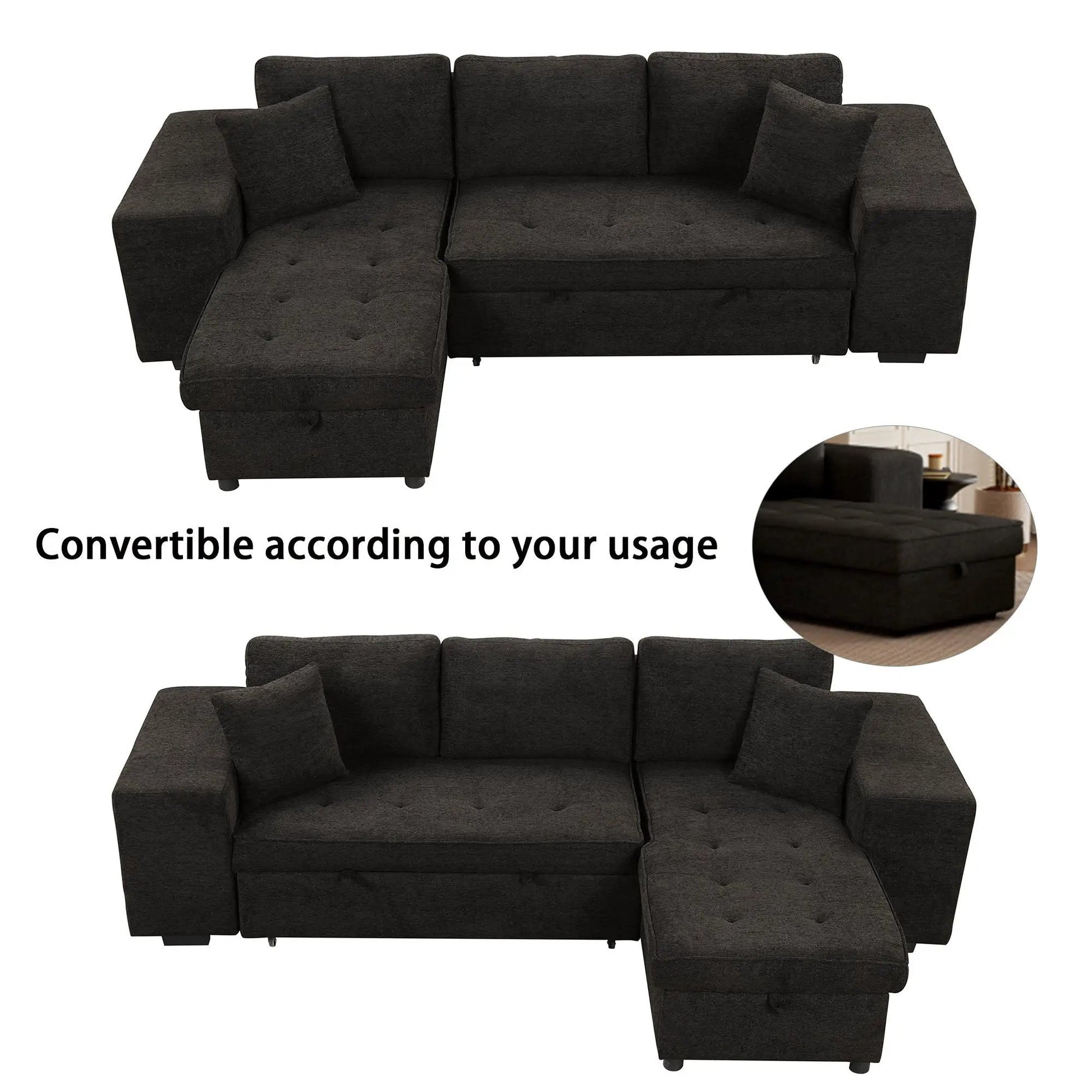 Modern L-Shape 3-Seat Sectional with Chaise and 2 Stools in charcoal by Unique Piece Furniture on Tampa Home & Garden Store