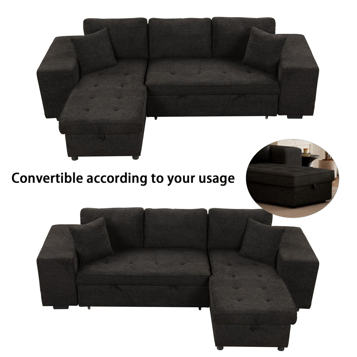 HouseOfZazla dark fabric L-shaped sleeper sectional with storage chaise and 2 ottomans on Tampa Home & Garden Store
