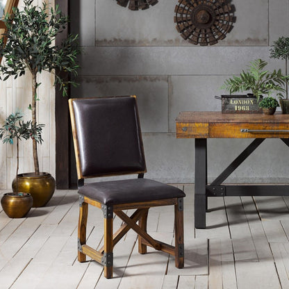 Chocolate faux leather dining side chair with a solid wood frame in a rustic industrial setting on Tampa Home & Garden Store