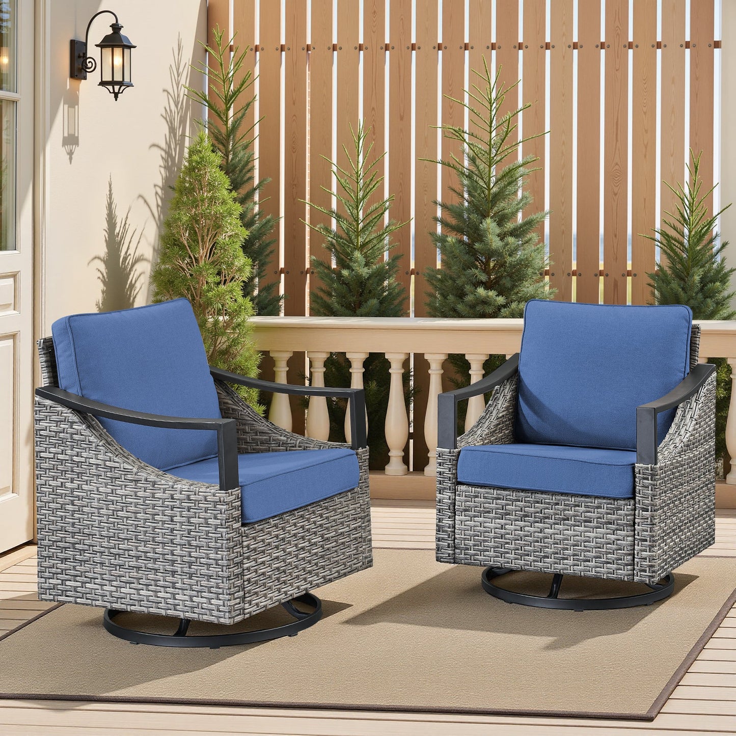 Outdoor swivel rocking glider chairs set of 2 with blue cushions, wicker gray frames on a patio on Tampa Home & Garden Store