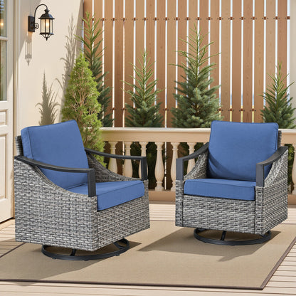 Outdoor swivel rocking glider chairs set of 2 with blue cushions, wicker gray frames on a patio on Tampa Home & Garden Store