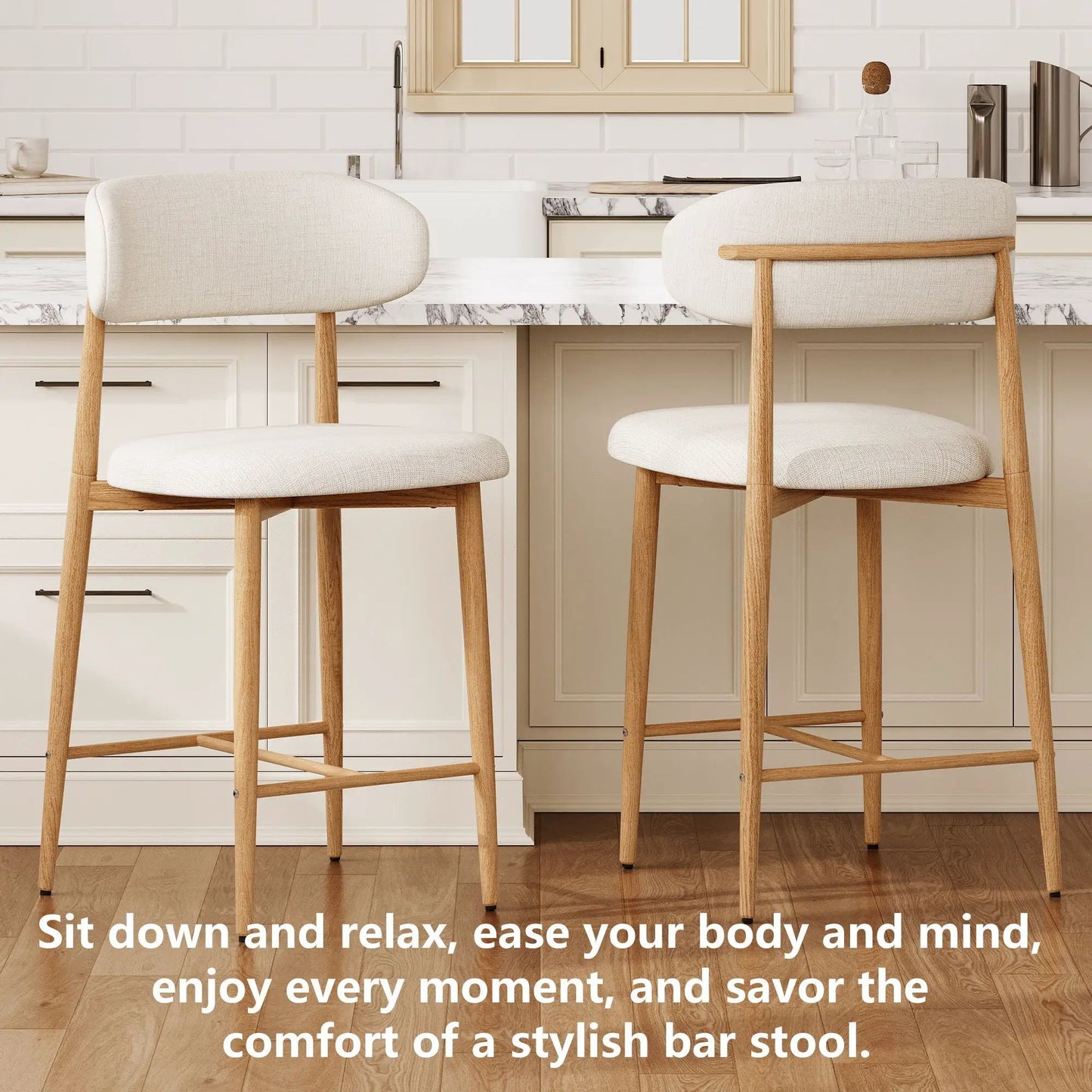 Upholstered counter-height bar stools set of 2 beige fabric with wood legs Unique Piece on Tampa Home & Garden Store