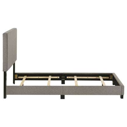 Efram Panel Bed by HouseOfZazla, upholstered gray headboard with black metal frame and slats on Tampa Home & Garden Store
