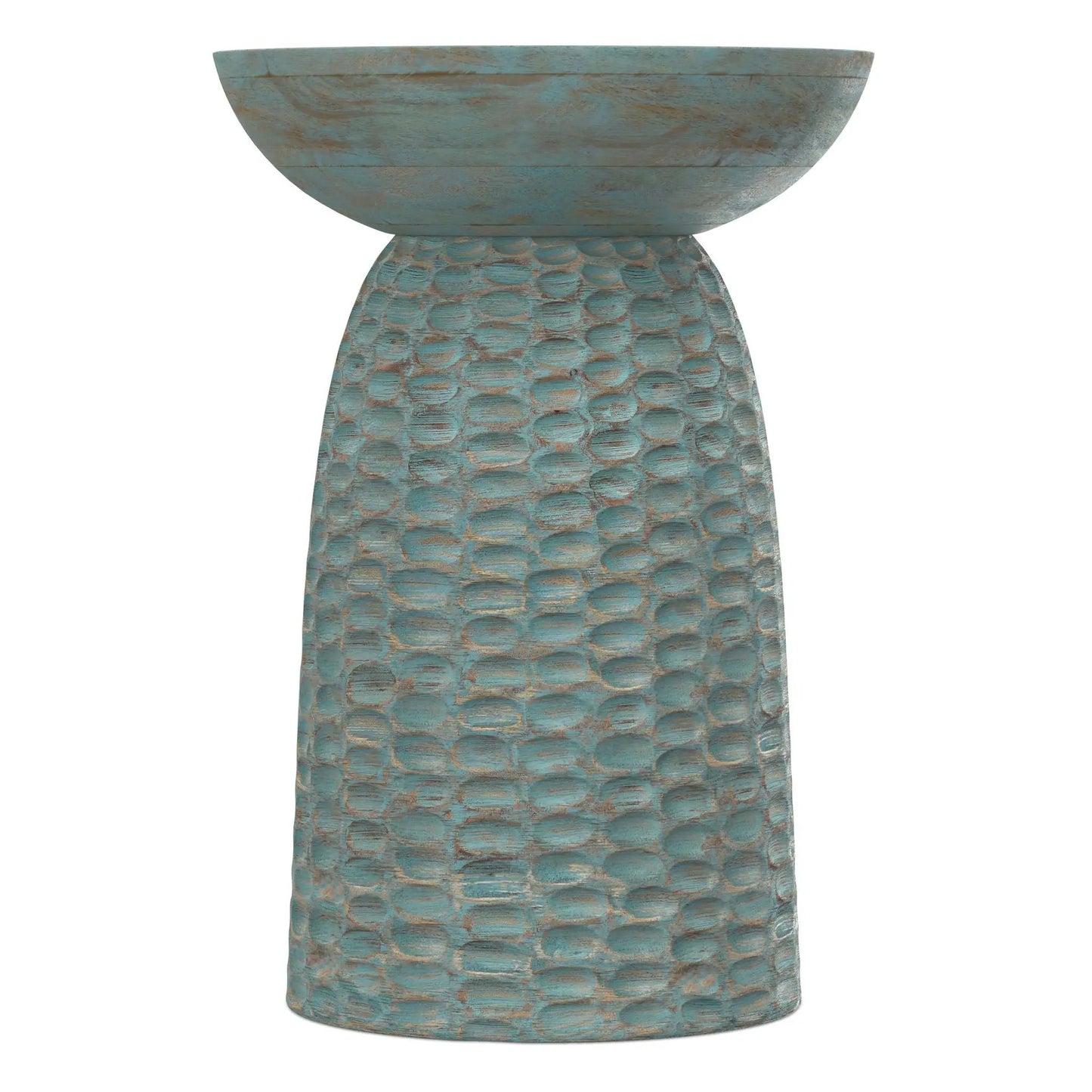Boyd Handcrafted Accent Table with turquoise patina and textured, stacked base on Tampa Home & Garden Store