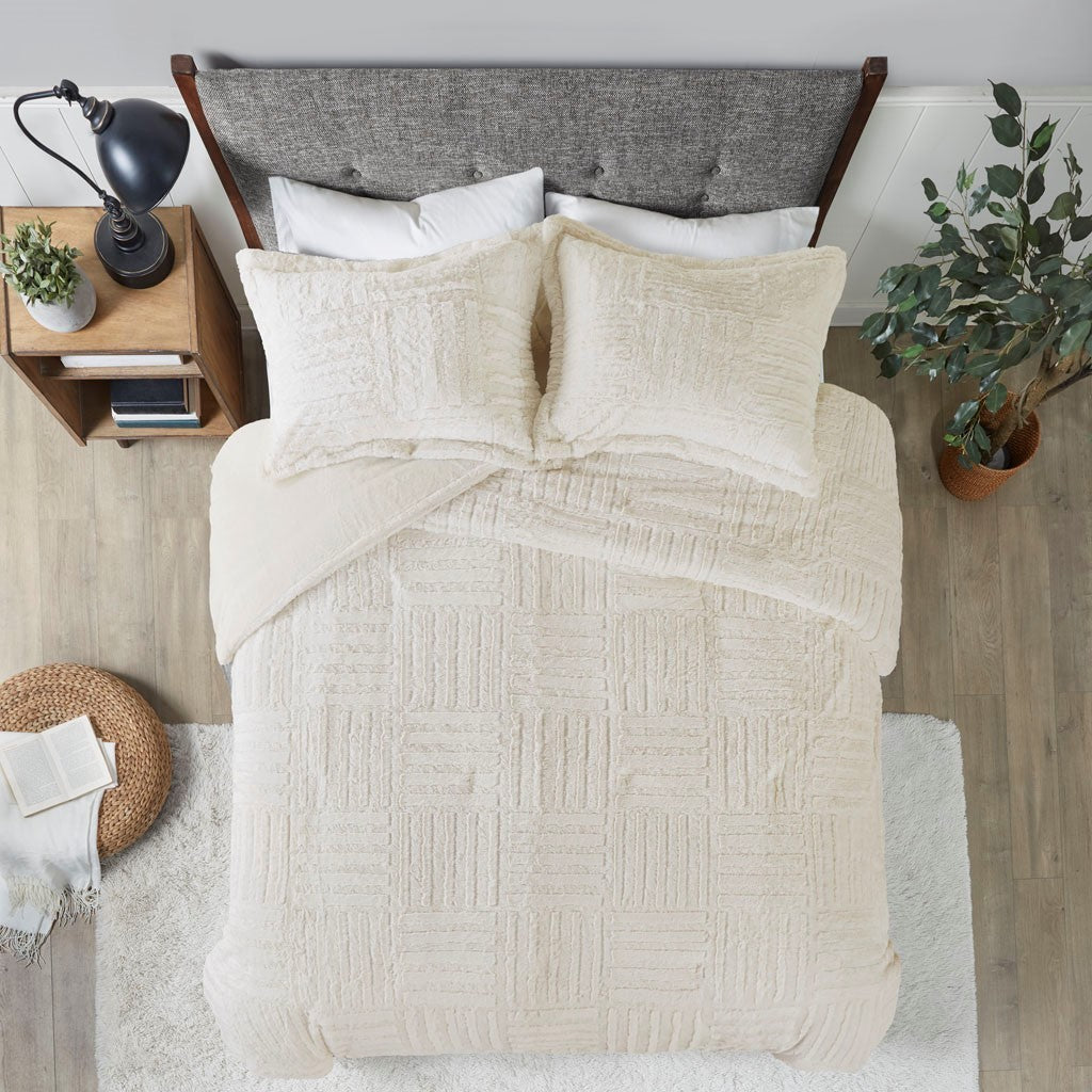 Full/Queen Fur Down Alternative Comforter Mini Set ivory textured quilted with matching shams on Tampa Home & Garden Store