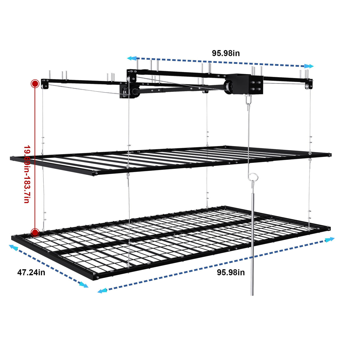 Overhead garage storage rack with crank system in black finish, ceiling-mounted with shelves on Tampa Home & Garden Store