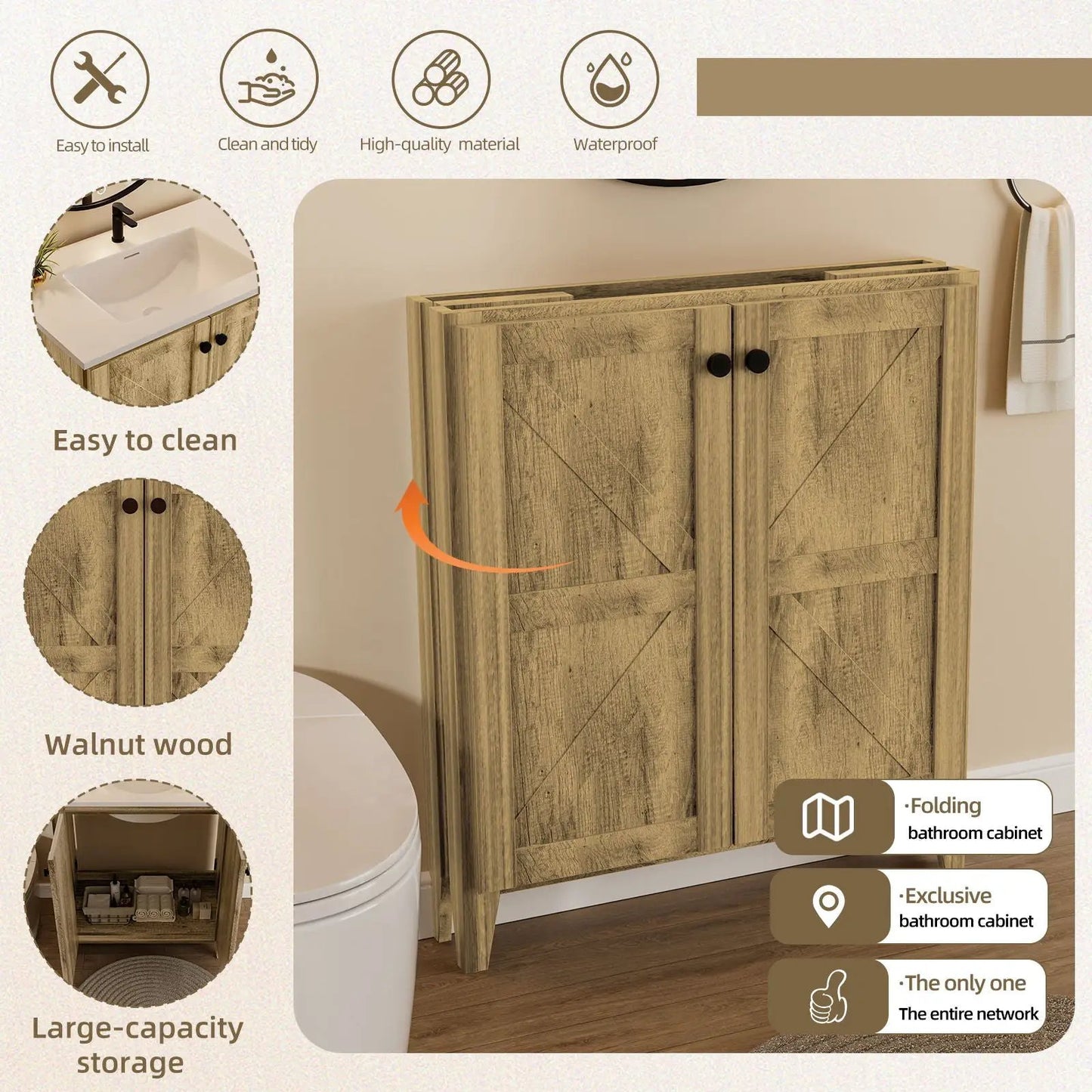 Folding floor vanity cabinet with ceramic sink in walnut wood space-saving design on Tampa Home & Garden Store
