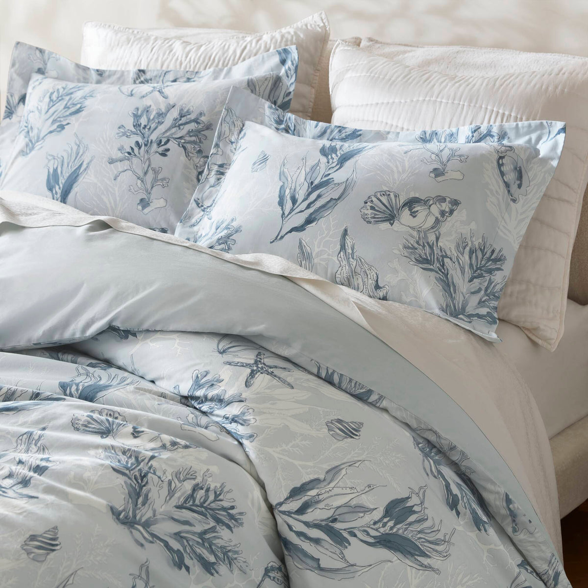 King duvet cover set by HouseOfZazla in navy/blue 100% cotton sateen with pale blue botanical print on Tampa Home & Garden Store