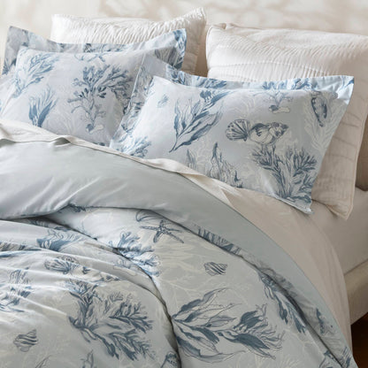 King duvet cover set by HouseOfZazla in navy/blue 100% cotton sateen with pale blue botanical print on Tampa Home & Garden Store