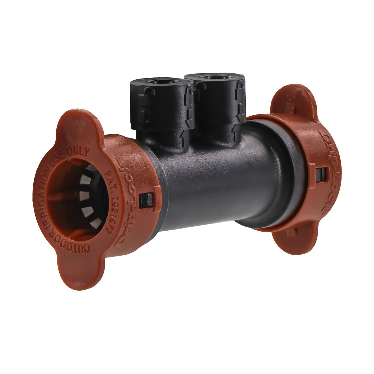 Orbit Irrigation half inch by quarter inch 2-Port Manifold Drip-Lock with orange end caps on Tampa Home & Garden Store