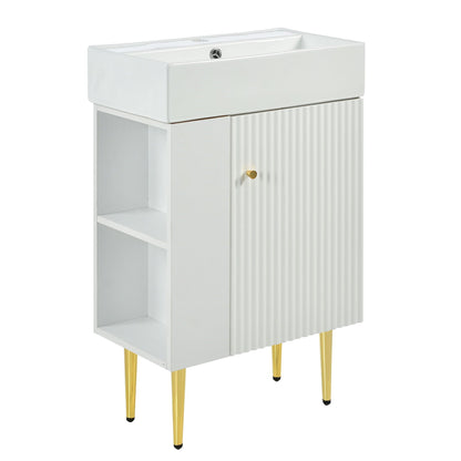 Bathroom vanity with single ceramic sink and side storage white cabinet with front and gold legs on Tampa Home & Garden Store