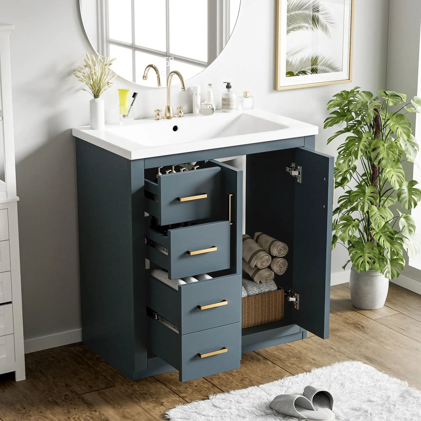 Ceramic sink vanity in navy base with white countertop, 3 drawers and soft-close doors on Tampa Home & Garden Store