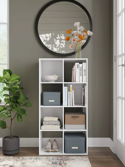 Onita Cube Organizer white modular shelf with 16 cubbies, blue storage boxes and books on Tampa Home & Garden Store