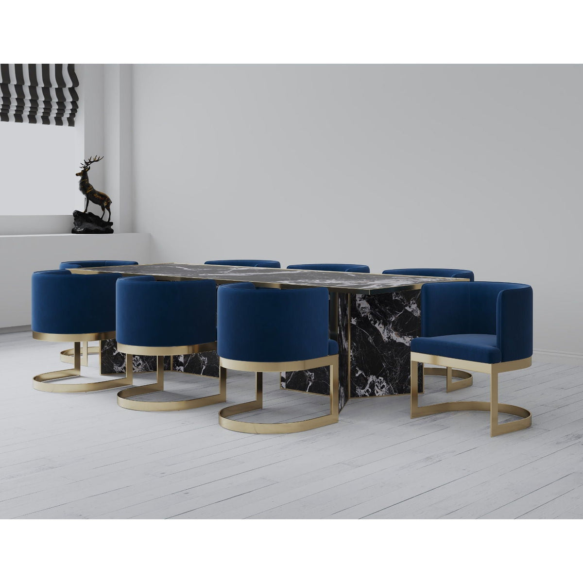 Aura Dining Chair with Brass Frame in blue velvet set of 8 around a marble table by HouseOfZazla on Tampa Home & Garden Store