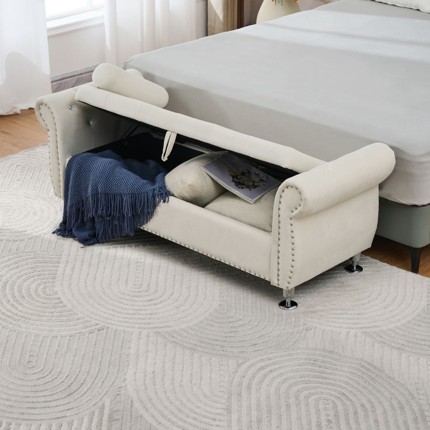 Storage bench with crystal button tufting and 1 pillow in white faux leather for bedroom on Tampa Home & Garden Store