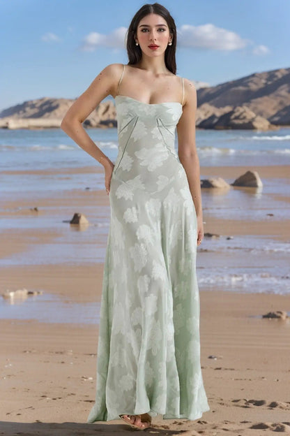 Floral lace suspender dress pale green, spaghetti straps, long maxi beach dress on Tampa Home and Garden Store