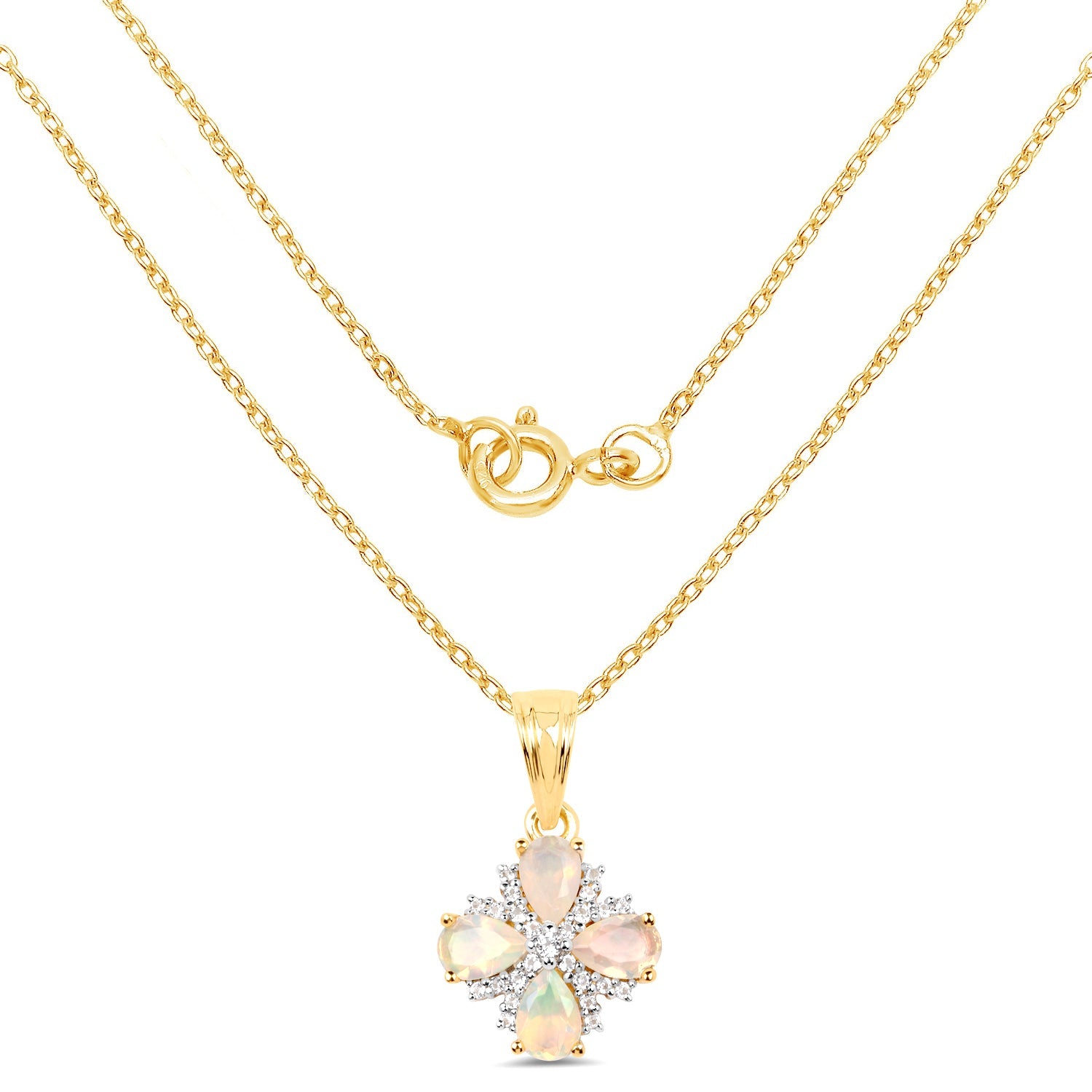 14K yellow gold plated pendant with Ethiopian opal and white topaz flower cluster on chain on Tampa Home & Garden Store