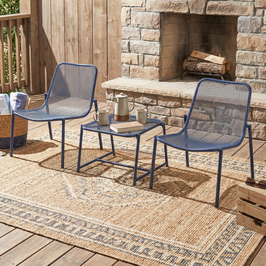 Kincaid Outdoor 3-Piece Conversation Set with Iron Frame, blue metal mesh by HouseOfZazla on Tampa Home & Garden Store