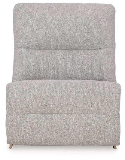 Acklen Place reclining sectional in textured grey upholstery with light wood legs on Tampa Home & Garden Store
