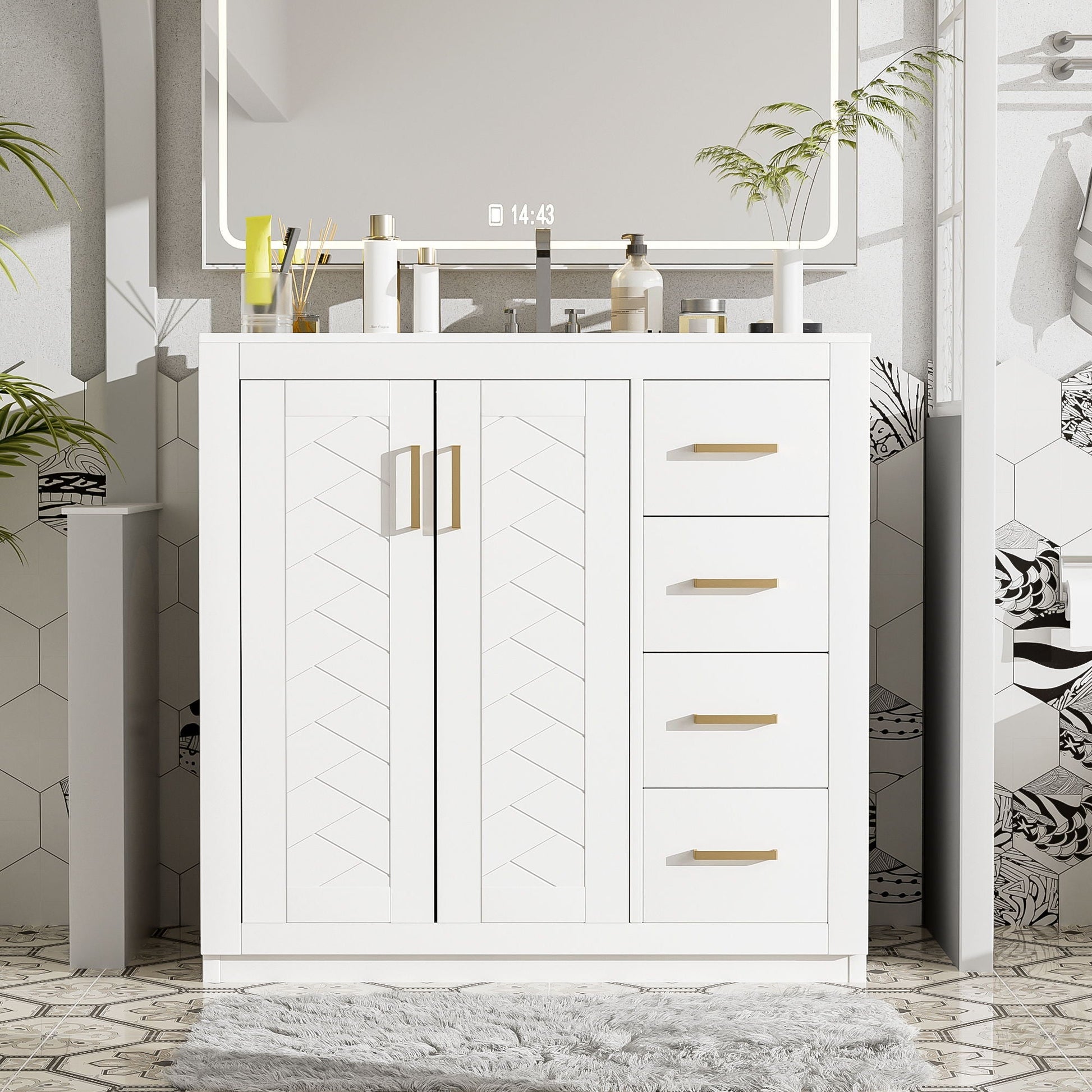 Bathroom vanity with sink and 3-drawer storage, white freestanding unit with soft closing doors on Tampa Home & Garden Store