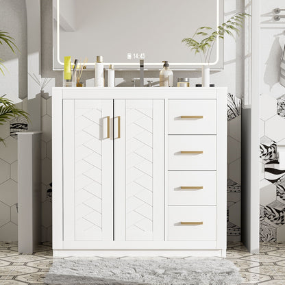 Bathroom vanity with sink and 3-drawer storage, white freestanding unit with soft closing doors on Tampa Home & Garden Store
