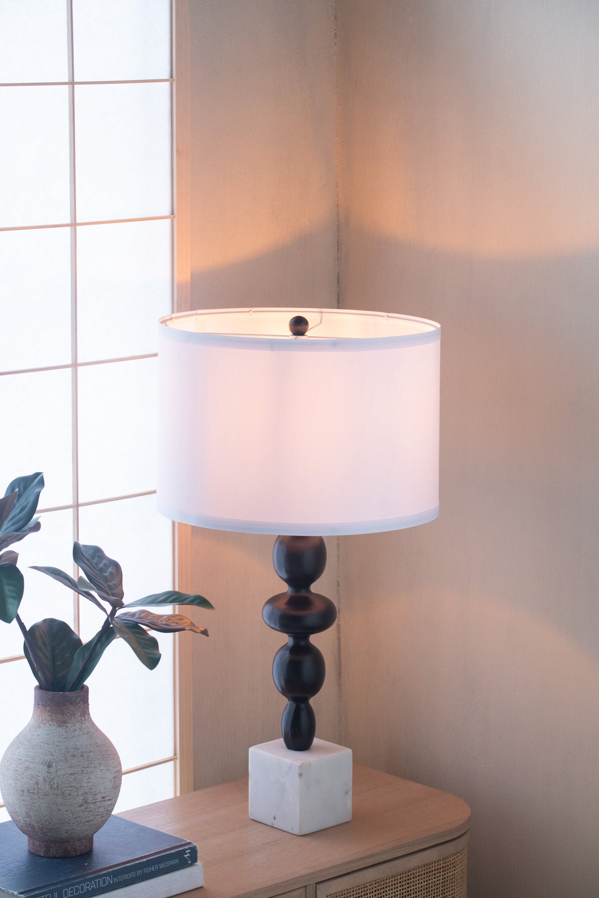D15x29.5in table lamp by HouseOfZazla with black turned base and white drum shade on Tampa Home & Garden Store