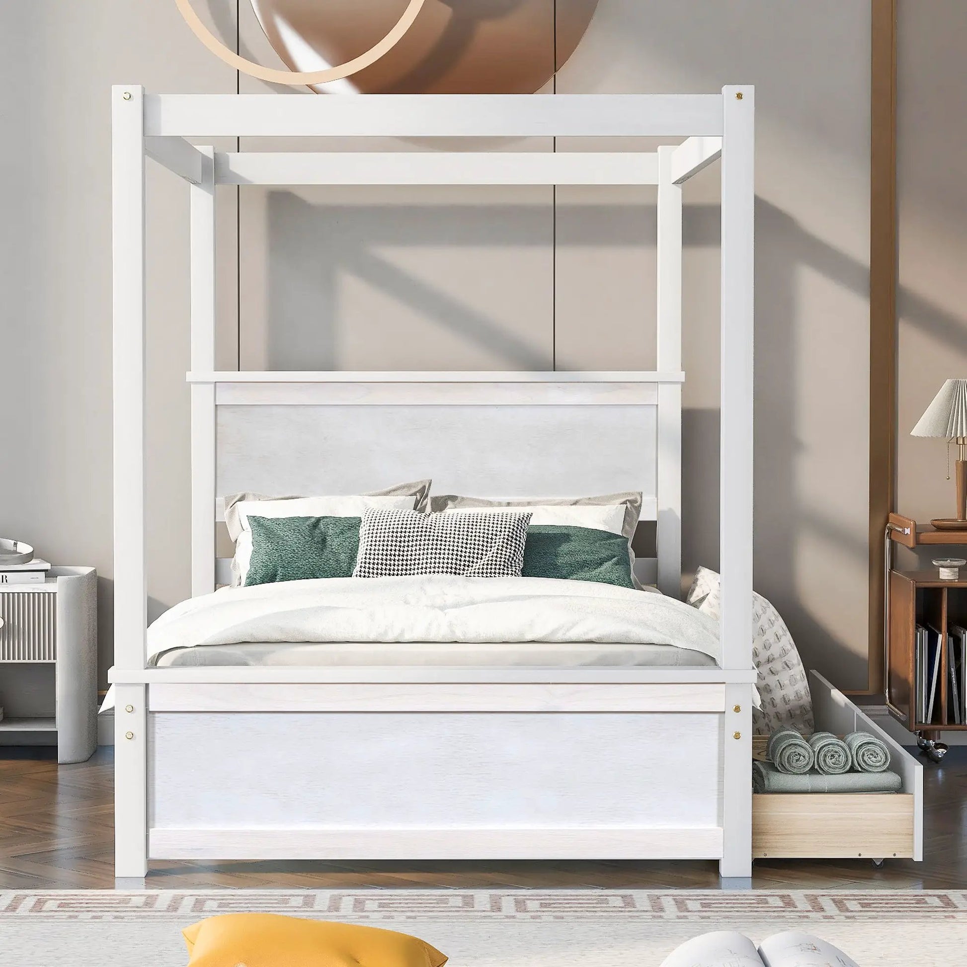 Canopy bed with drawers in white finish, Unique Piece Furniture platform bed with slats on Tampa Home & Garden Store