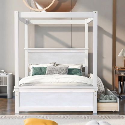 Canopy bed with drawers in white finish, Unique Piece Furniture platform bed with slats on Tampa Home & Garden Store