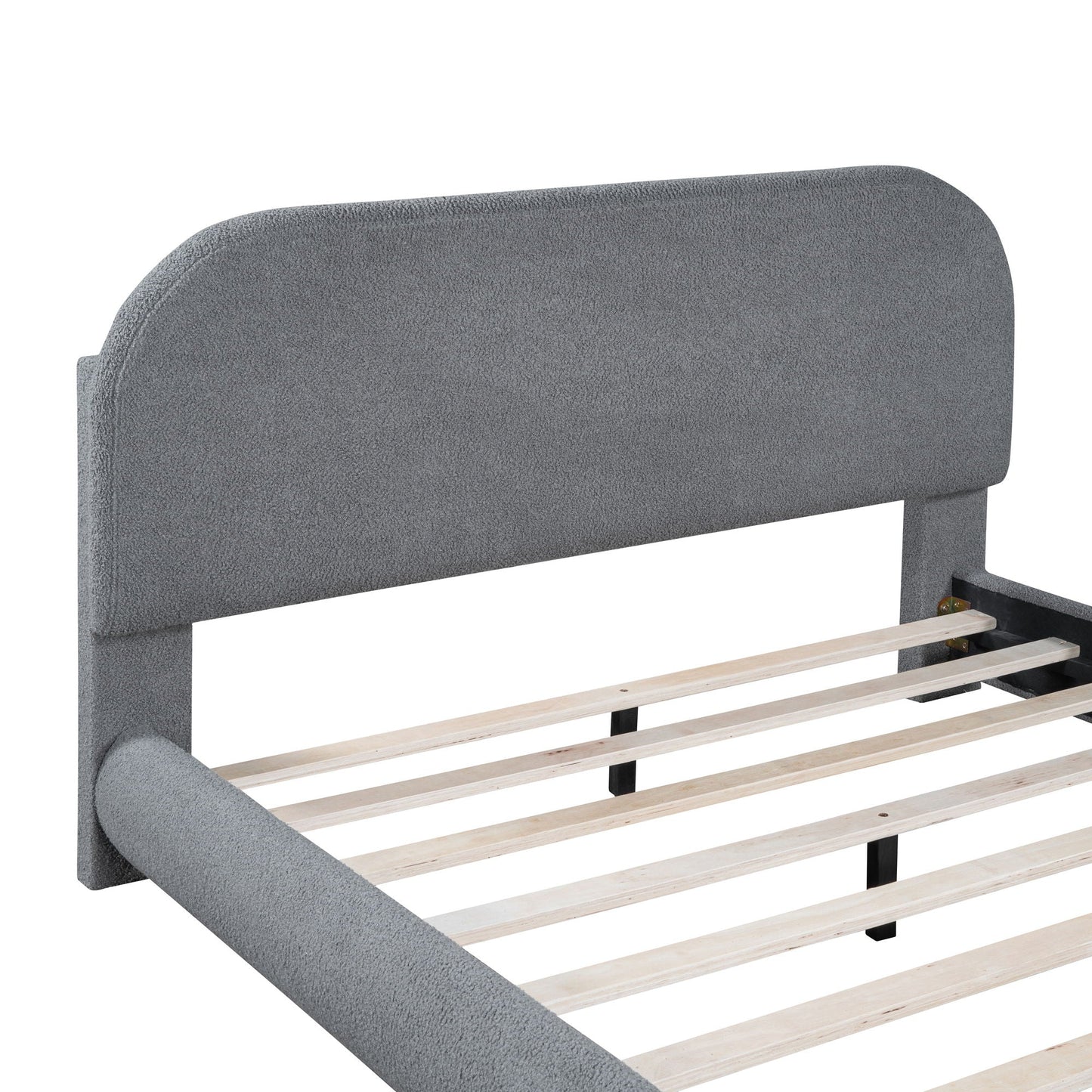 Upholstered platform bed by HouseOfZazla with thick curved gray headboard and exposed wood slats on Tampa Home & Garden Store
