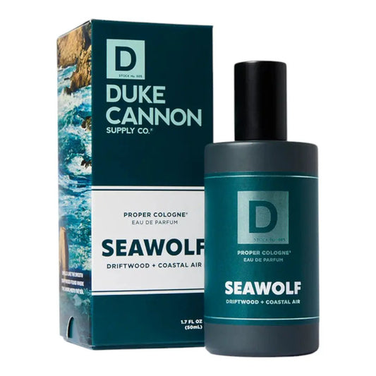 Sea Wolf Proper Cologne by Duke Cannon in teal bottle with driftwood coastal air scent on Tampa Home & Garden Store