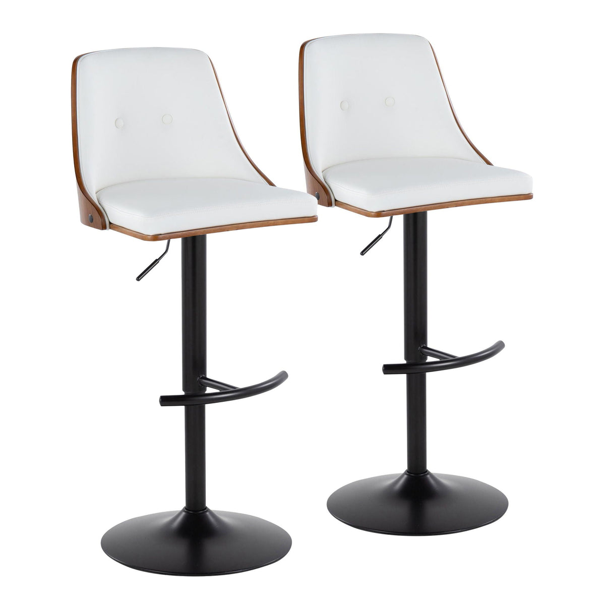 Two white mid-century modern adjustable barstools with swivel and rounded T-footrest on frame on Tampa Home & Garden Store
