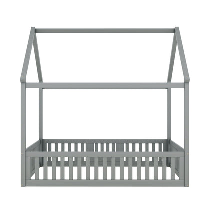 Wood House Bed With Fence And Door gray platform bed by HouseOfZazla on Tampa Home & Garden Store