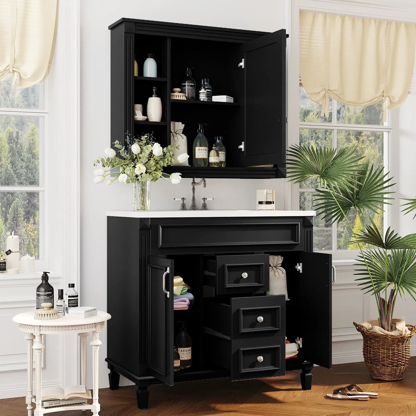 Black bathroom vanity with top sink, mirror cabinet, 2 doors & 2 drawers, Unique Piece Furniture on Tampa Home & Garden Store