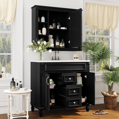 Bathroom vanity with sink and mirror cabinet in black by HouseOfZazla with soft closing doors on Tampa Home & Garden Store