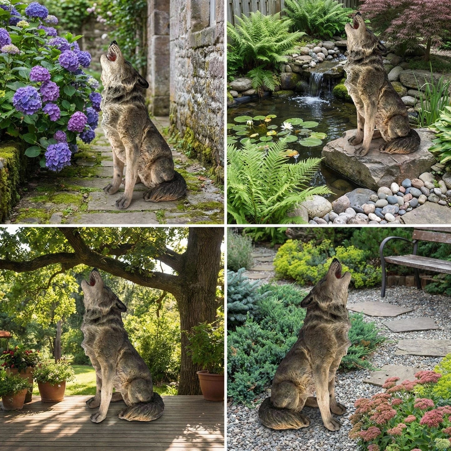 Simulated Howling Wolf Garden Statue by HouseOfZazla, 29.72in x 17.91in garden sculpture lifelike on Tampa Home & Garden Store