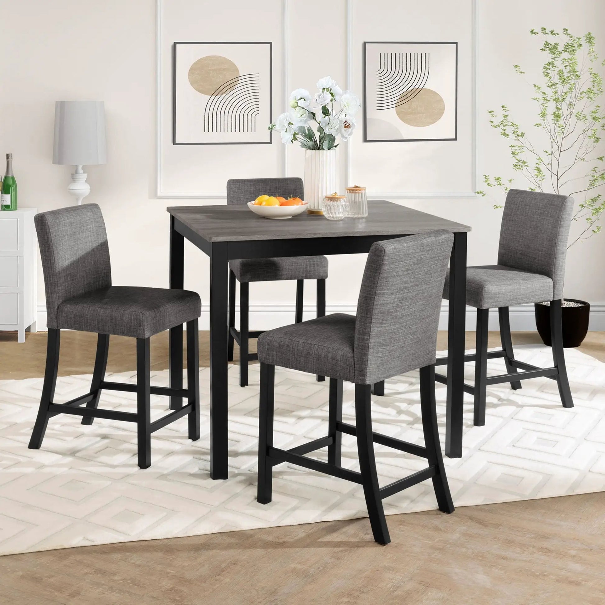 5 Piece Counter Height Dining Set: square black table and 4 grey upholstered chairs on Tampa Home & Garden Store