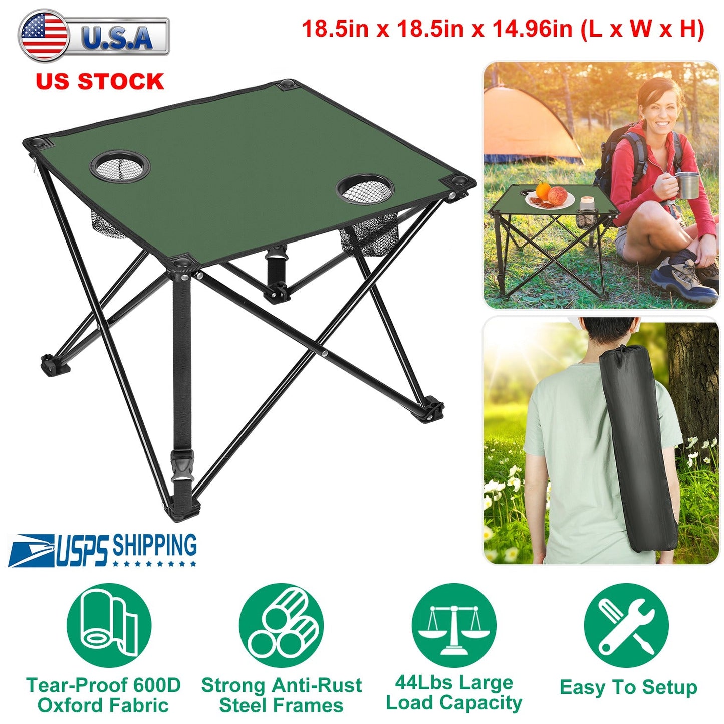 Two-piece foldable camping tables by GemGear with green top, 2 cup holders, carrying bag on Tampa Home & Garden Store