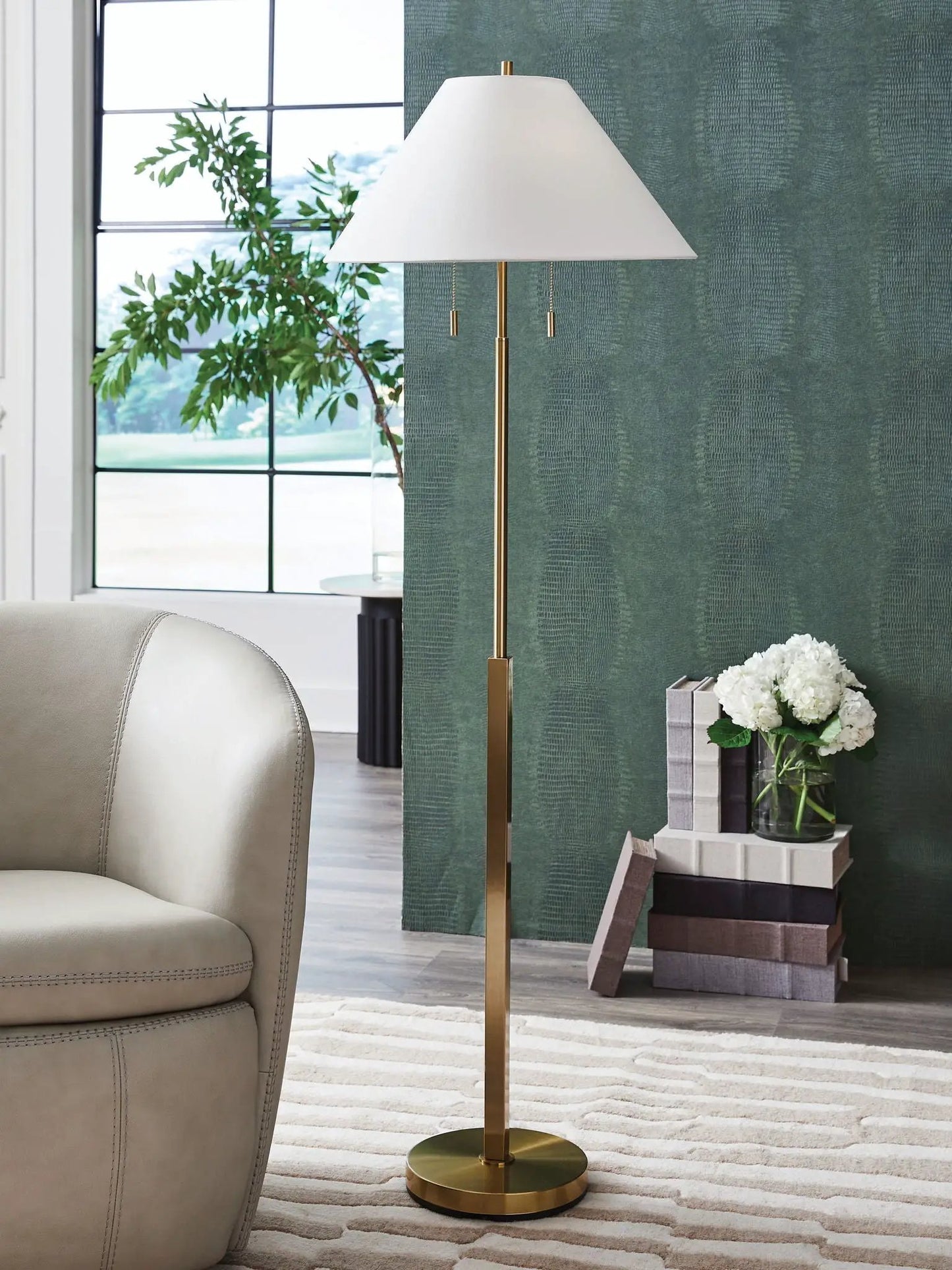 Haigwood metal floor lamp with brass finish and white conical shade by Unique Piece Furniture on Tampa Home & Garden Store