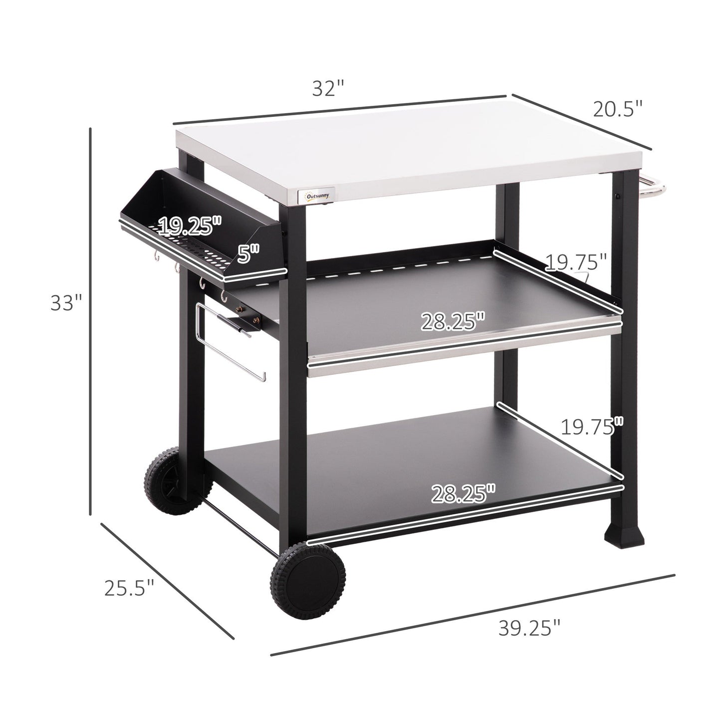Outsunny three-shelf outdoor grill cart with stainless steel top, black frame and wheels on Tampa Home & Garden Store