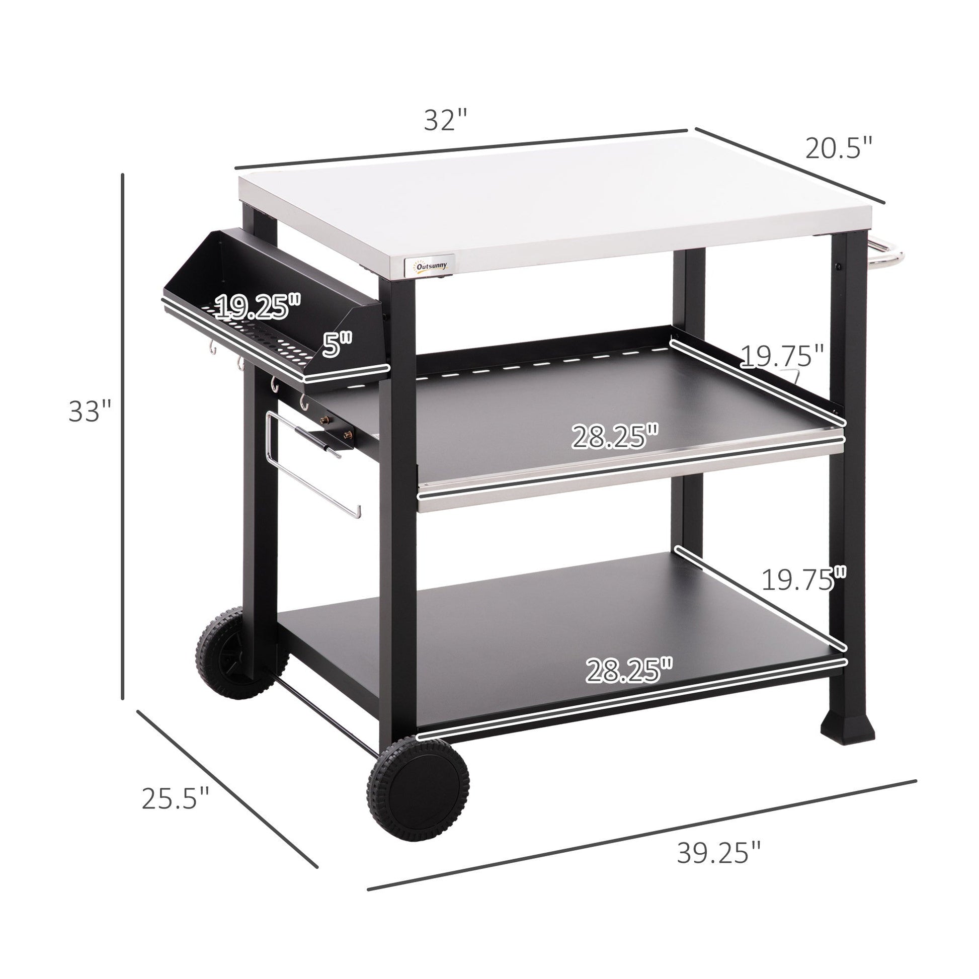 Outsunny three-shelf outdoor grill cart with stainless steel top, black frame and wheels on Tampa Home & Garden Store