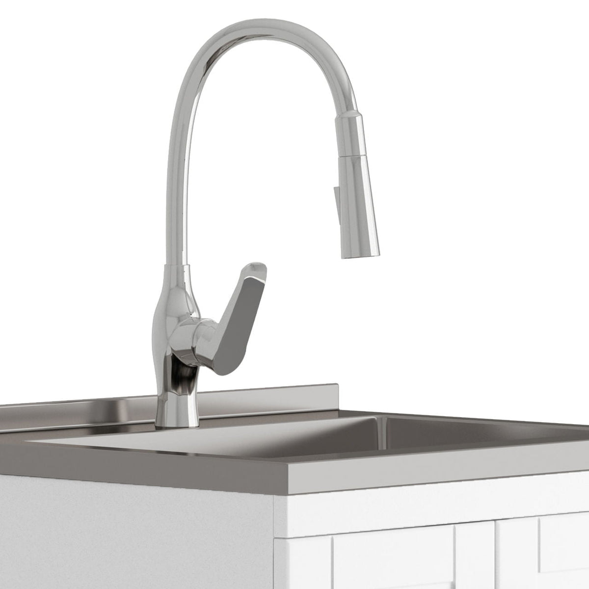 Deluxe Laundry Cabinet With Sink And Faucet Unit chrome gooseneck faucet over a white cabinet base on Tampa Home & Garden Store