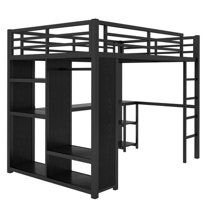 Full Size Metal Loft Bed with Desk and Wardrobe