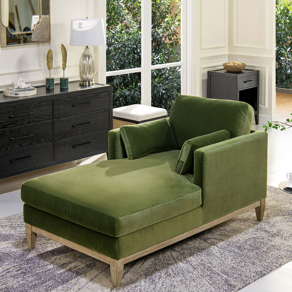 Farmhouse chaise lounge by HouseOfZazla with removable cushions in green velvet and wood legs on Tampa Home & Garden Store