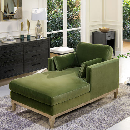 Farmhouse chaise lounge by HouseOfZazla with removable cushions in green velvet and wood legs on Tampa Home & Garden Store