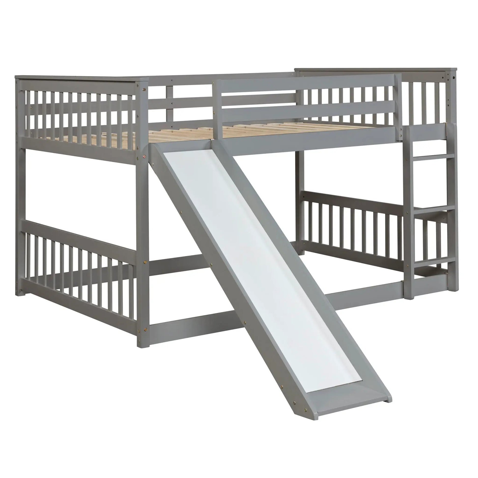 Bunk bed with slide and ladder, gray finish, slatted guard rails, by Unique Piece Furniture on Tampa Home & Garden Store