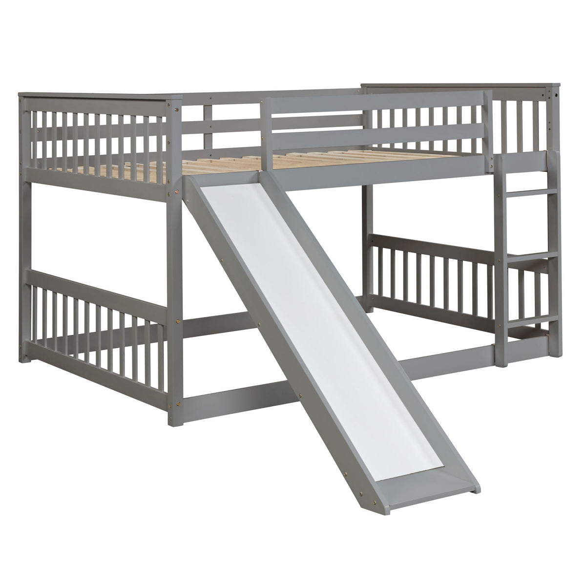 Bunk bed with slide and ladder by HouseOfZazla, grey finish with slatted guard rails on Tampa Home & Garden Store